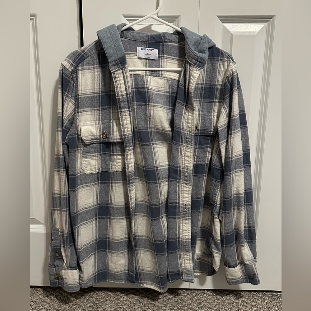 Blue and white button up flannel with attached hood